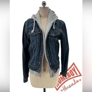 Sun + Stone Dark Blue Denim Jacket with Gray Hoodie